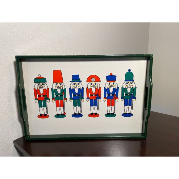 Vintage Nutcracker Themed Serving Tray With Green Wooden Frame & Handles - Picture 2 of 7